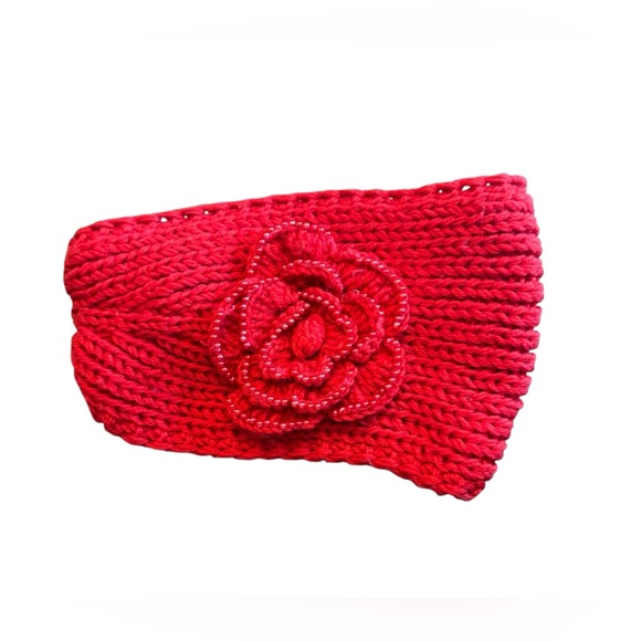 Red Knit Headband with Flower Accent - Picture 2 of 4